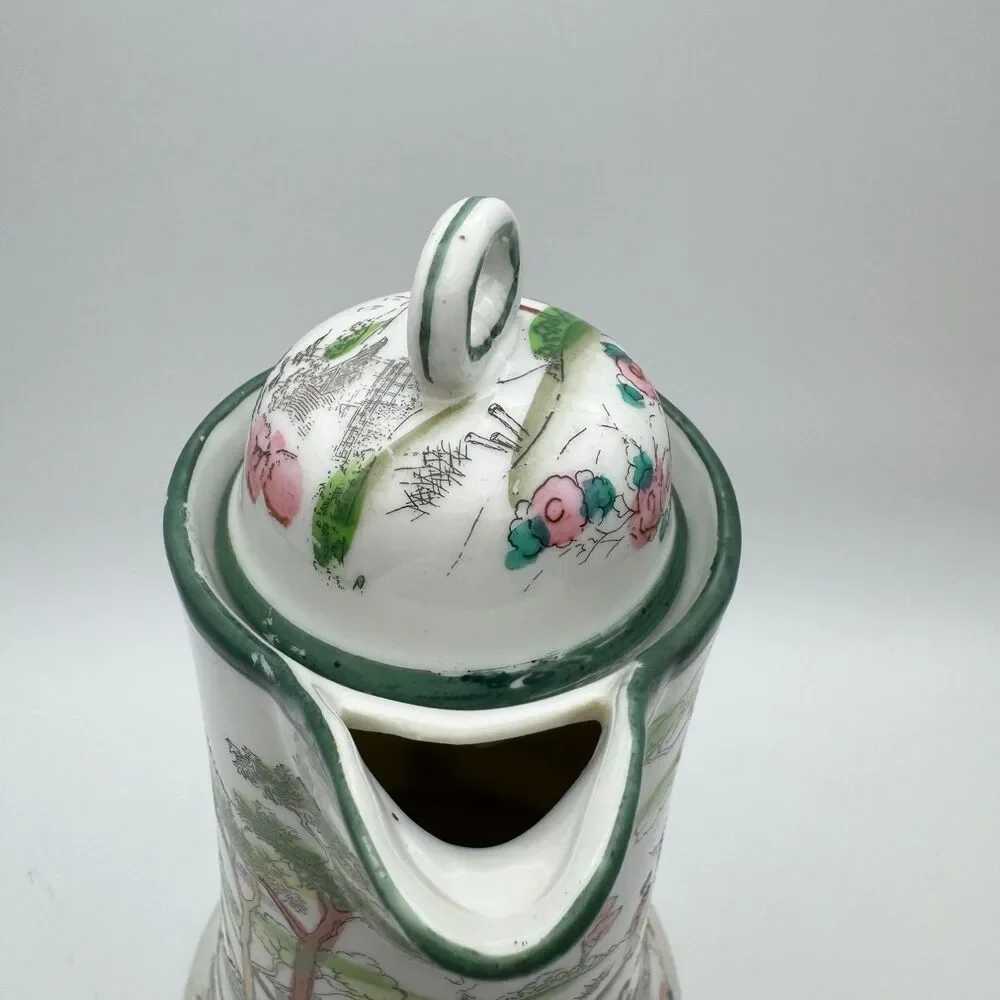 Vintage Japanese Porcelain Chocolate Pot Geisha Pagoda Scene Made in Japan 9.5